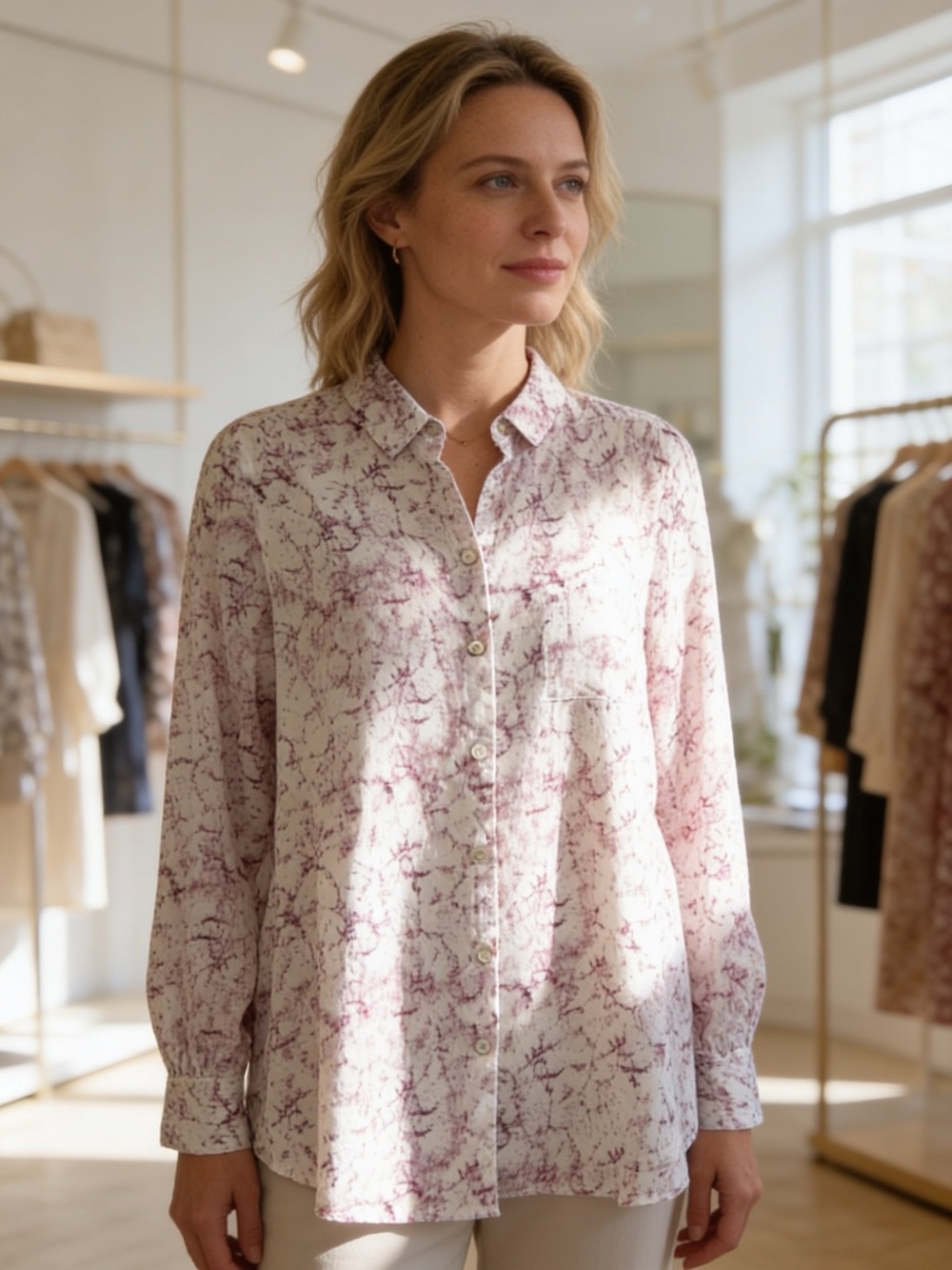 Foxcroft Lyocell Button Front Blouse Pink Marble Print Size 8
